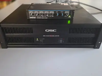 QSC amplifier and Shure mixer sound system