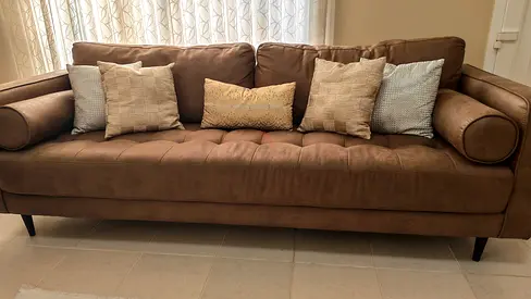 Brown 3+2+1 seater sofa with round bolsters- good condition