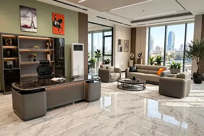 Modern Executive Office Suite with Reception Lounge and City View
