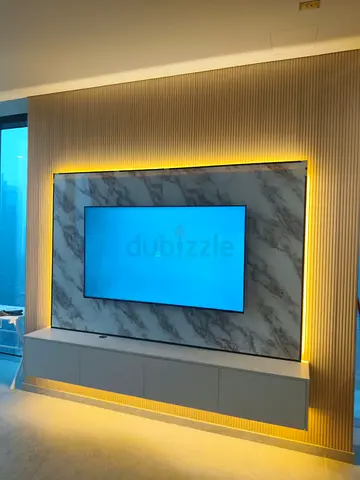 Custom made Modern Floating TV Unit with Marble Accent & Wooden Slat Wall Panel