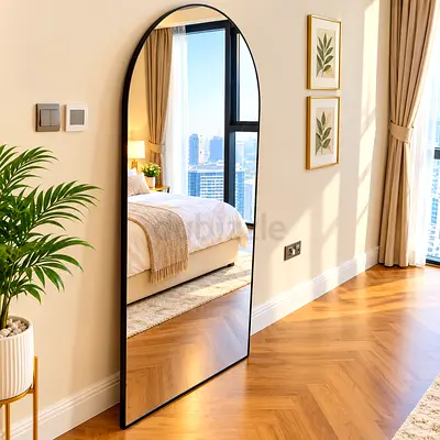 Full-Length Arched Floor Mirror with Slim Black Frame