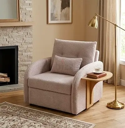 Cozy boucle sofa bed with built-in side table