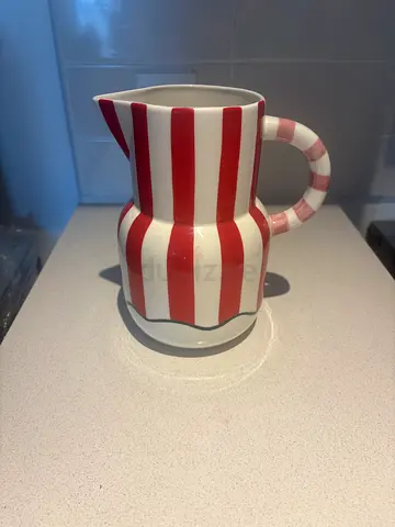 Red & White Striped Ceramic Milk Jug / Small Pitcher - Excellent Condition