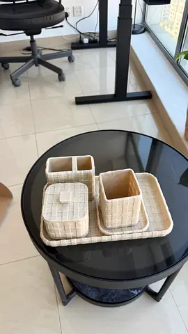 Bathroom counter organizer set - beige woven tray and holders (set)