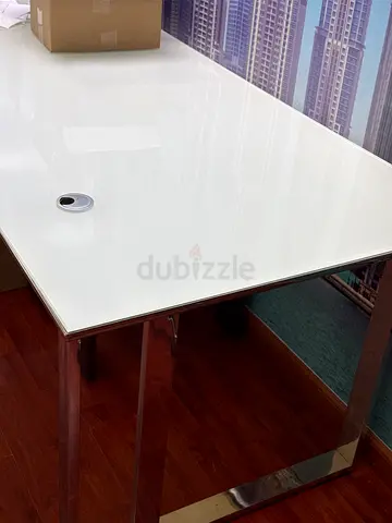 White Glass Top Office Desk with Cable Grommet - Good Condition