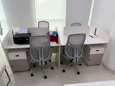 4-Seat Office Workstation Set with Chairs and Storage - Good Condition