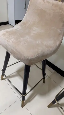 Set of 2 Yellow Leather (Beige Velvet Cover) Bar Stools with Wooden Legs (Good Condition)