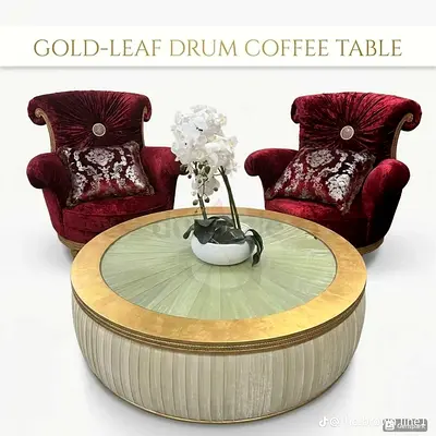 Gold-Trim Round Drum Coffee Table with Glass Top