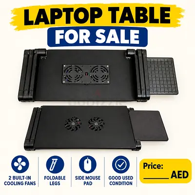 Foldable Laptop Table with Built-in Cooling Fans and Side Mouse Pad - Good Condition