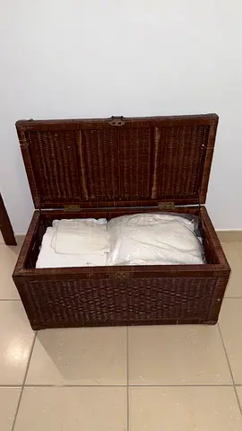 Vintage Wicker Storage Chest, Brass Corners and Latch