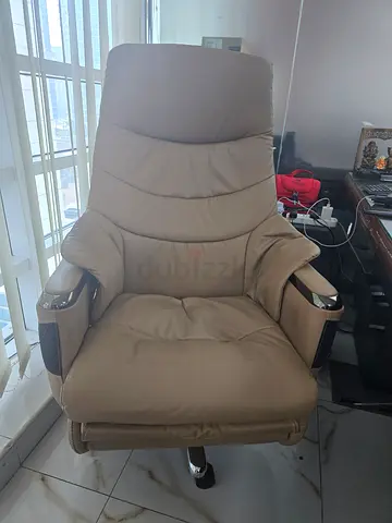 Beige leather electric (button) reclining massage chair (with remote) with armchair with headrest