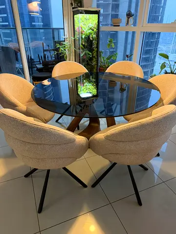 6-Seater Dining Set - Round Smoked-Glass Table + 6 Upholstered Chairs