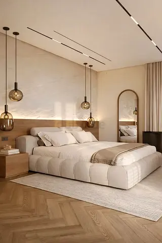 Modern low-profile upholstered king bed with bedside tables