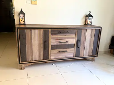 English name: Rustic Wooden Sideboard Cabinet Design: 2 doors + 3 drawers for sale in Dubai