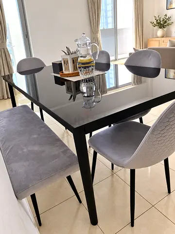 Modern Black Glass-top Dining Set with Bench and 4 Chairs