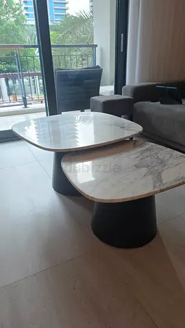 Set of 2 Modern Marble-Top Nesting Coffee Tables with Black Bases