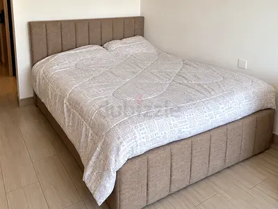Upholstered Double Bed with Padded Headboard - Beige, Good Condition