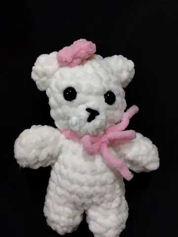 Handmade White Plush Teddy Bear with Pink Bow - Soft Stuffed Toy