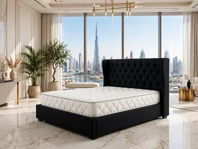 Queen upholstered tufted bed frame with mattress - dark grey