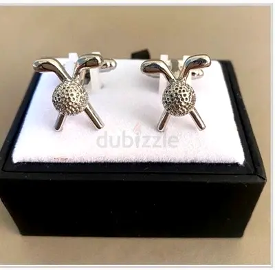 Mens golf ball and club silver-tone cufflinks, with box