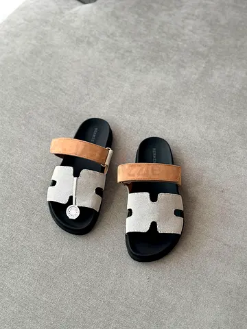 Women's Two-Tone Leather Slide Sandals, Size Unspecified