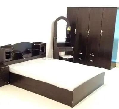 dark-wood 3-piece bedroom set: bed, wardrobe, dressing table
