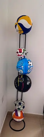 Vertical multi-ball floor stand with 6 assorted sports balls (volleyball, football, basketball)