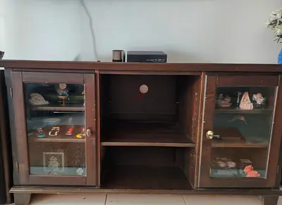 Wooden TV Cabinet with Glass Doors - Dark Brown