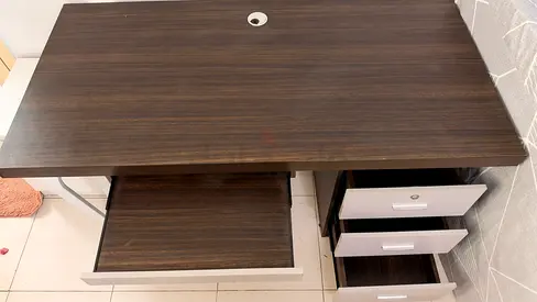 Dark Wood Office Desk with Drawers and Pull-Out Keyboard Tray