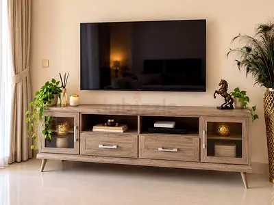 Wooden TV Entertainment Unit with Glass Doors - Light Oak Finish