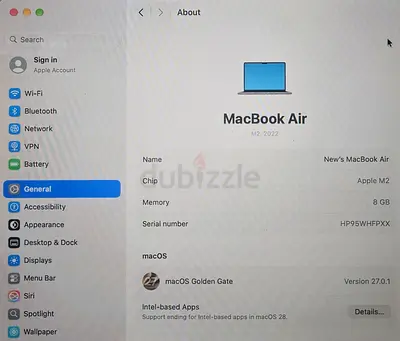 MacBook Air M2 (2022) - 8GB RAM, macOS Golden Gate