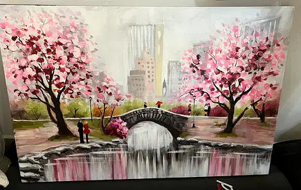 Elegant Cherry Blossom Painting with Stone Bridge – Beautiful Wall Art