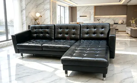 Black Leather L-Shaped Sofa with Chaise - Modern, Good Condition