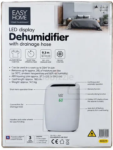 Easy Home LED Display Dehumidifier with Drainage Hose - 20L/day