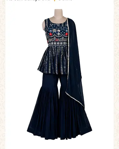 Navy Blue Embroidered Kurti with Sharara and Dupatta - Women's Traditional Set