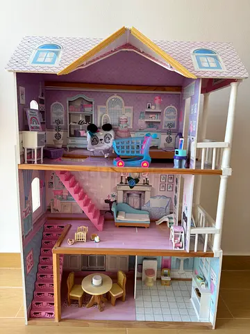 Large Wooden Dollhouse with Furniture — 3-Storey, Pink & Cream
