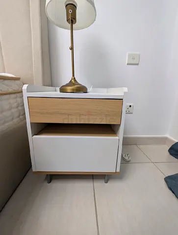 White and Oak Bedside Nightstand with Two Drawers 2pc