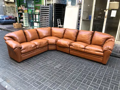 Large Brown Leather 6-Seater Corner Sofa - Good Condition