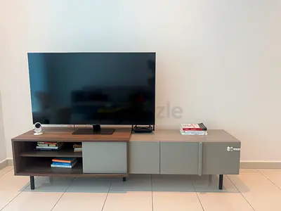 Modern low TV unit / entertainment cabinet - two-tone wood and grey with 2 drawers