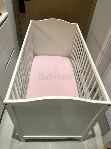 Ikea Brand White Wooden Baby Crib with Mattress, Mattress protector and 2 bed sheet (Perfect Combo)