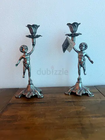 Pair of Vintage Cherub Candle Holders - Metal Decorative Statues