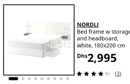 IKEA NORDLI white bed frame with storage and headboard, 180x200 cm