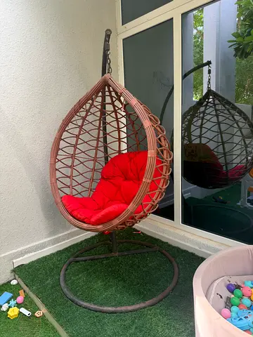 Outdoor Hanging Egg Swing Chair with Stand & Red Cushion