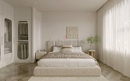 Queen upholstered platform bed with headboard and bedside tables (neutral beige)