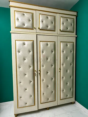 Large Upholstered Wardrobe with Gold Trim - 3-Door Storage Cupboard