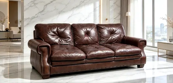 Genuine Brown Leather 3-Seater Sofa in Good Condition