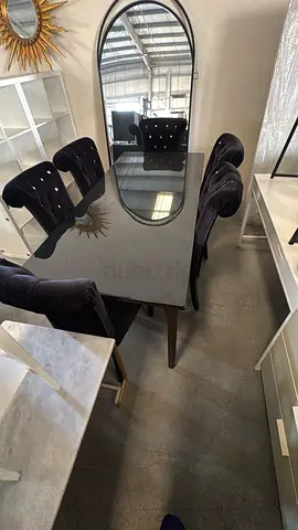 Glass Top Dining Table with 6 Velvet Chairs - Dark Finish
