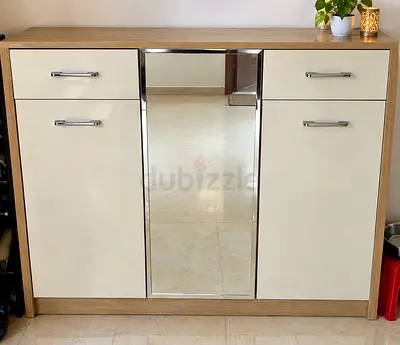 Big wooden shoe cabinet with central mirror and top storage drawers - light oak finish