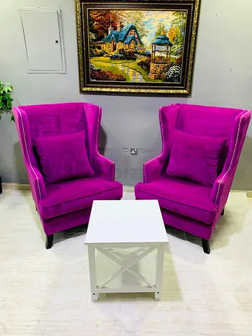 Pair of Magenta Velvet Wingback Accent Chairs with Cushions