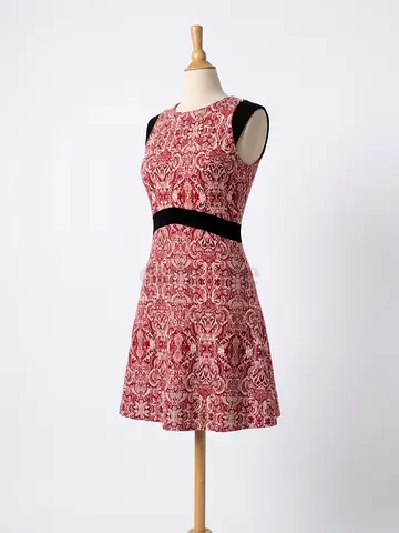 Zara Red patterned sleeveless fit-and-flare dress with black waist details - Medium.